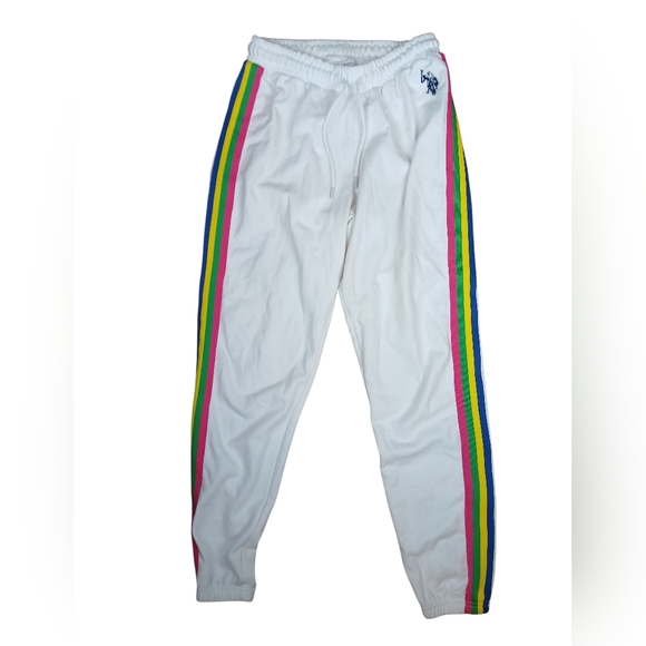 U.S. Polo Women's White Track Pants with Rainbow Stripes Size Small - Picture 2 of 9